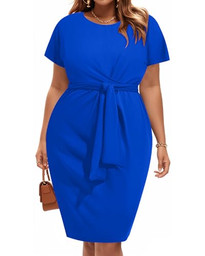 Image of Pinup Fashion Plus Size Dresses for Women Wedding Guest Short Sleeve Tie Front Waist Belted Pencil Work Knee Dress