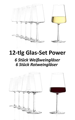 Stölzle Lausitz Eisernhardt: 12-tlg Glas-Set Power mit 6 Rotweingläser und 6 Weißweingläser I 12-tlg Set I spülmaschinenfest I bruchsicher I wie mundgeblasen I edles Kristallglas, Transparent