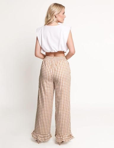 Flygo Women's Gingham Pants Y2K Cotton Wide Leg Ruffle Hem Lounge Pants Plaid Elastic Wasited Trouser with Pockets3