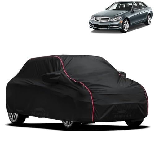 Image of Waterproof Car Cover for Mercedes Benz E240 2 | All-Weather Protection, Dustproof & UV Resistant | Triple Stitched Mirror Pockets, Windproof Buckle Strap with Elastic Hem, Black-Red Piping