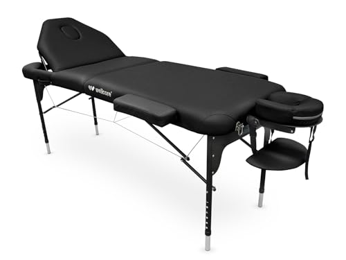 QUIRUMED Camilla de Masaje Plegable WELLCORE, Color Negro, 185 x 65 cm, Respaldo Abatible, Estructura de Aluminio, Altura Regulable, con Cabezal y Bolsa de Transporte