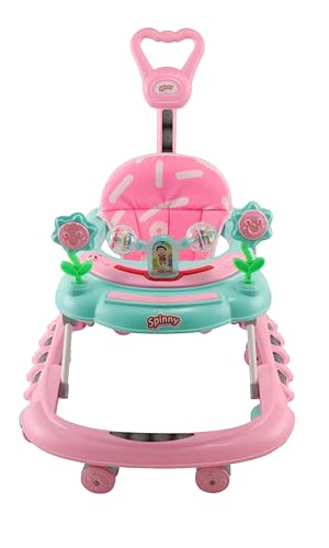 Image of JoyRide Spinny Spinner 8 Wheels Baby Walker, Adjustable Height,Parentle Handle, Comfortable Seat, Music and Light, 360 Degree Rotation, Maximum Weight: 12 kg (Green Pink)