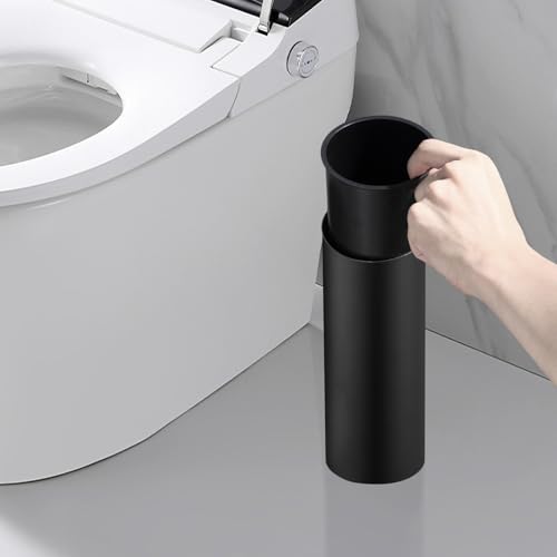 Image of Freestanding Toilet Bowl Brush Holder Black Round Metal Toilet Brush | AIREMOEN Removable Inner Bucket, Metal Splash Guard Cover, Dense Bristles with Brush Handle