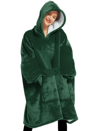 KFUBUO Tragbare Decke mit Kapuze für Erwachsene, Sherpa-Fleece, alle Designs, Oversize-Sweatshirt-Decke mit Tasche, für Damen, Smaragdgrün