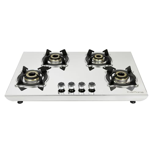 Everflame Marvel Gas Stove | 4 Burner Steel Stove | 6G Brass Burners | Manual Ignition | Italian SABAF Valve...