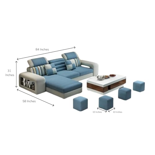Image of Travis Luxury 8 Seater L Shape Sofa for Living Room Blue & Light Grey LHS | Premium Sofa Set 8 Seater | L Shaped Sofa with Ottoman for Bedroom House Decor