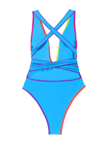 Image of Lilosy Sexy Tie Criss Cross Plunge One Piece Thong Swimsuit High Cut Brazilian Bathing Suit