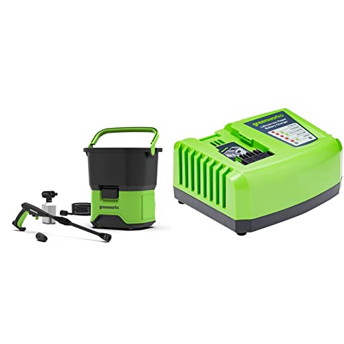 Greenworks GDC40 Cordless Portable Pressure Washer, 70 Bar, 300L/hour, 650W with Detergent Bottle and 6m Hose and Cleaning Accessories WITHOUT 40V Battery & Tools Battery Fast Charger G40UC4