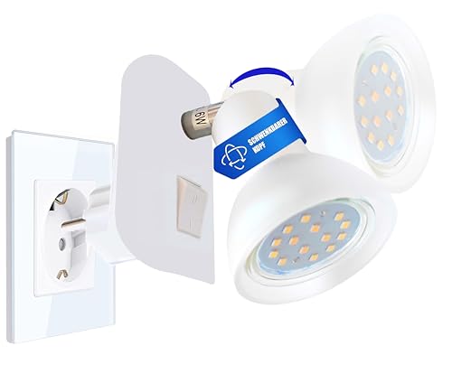 Trango Luz de enchufe LED 11-046 en blanco con pantalla de cristal, Enchufe de luz nocturna incluye 1x GU10 3000K blanco cálido Lámpara LED y encendido/apagado conmutador Lámpara de lectura