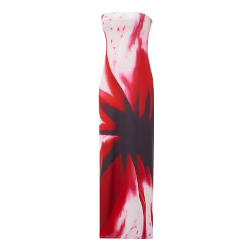 Image of Women Floral Strapless Maxi Dress Y2K Bodycon Tube Long Dresses Sexy Party Formal Cocktail Beach Slit Dress