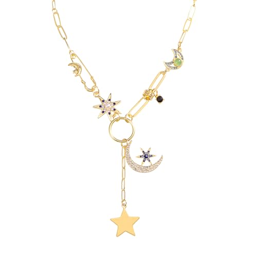 Boho Necklace Gold Plated Charm Paperclip Star Jewelry, Gold-Tone Moon and Star Long Necklace for Women Free People Jewelry