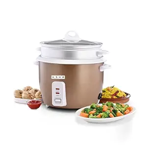 USHA RC18GS2 Steamer 700 Watt Automatic Rice Cooker 1.8 Litres with Powerful Heating Element, Keep Rice Warm for 5 Hrs, 2 Cooking Pans, Steamer, Trivet Plate & more accessories, 5 Yrs Warranty (Gold)