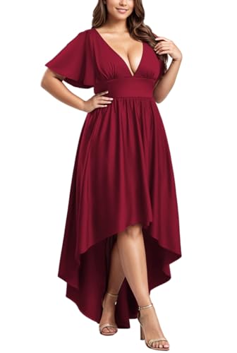 Image of Elegant Dresses Formal Evening Cocktail Long Maxi Wedding Party Dress Sexy V Neck Ruffle Sleeve Hi Low Flowy Gowns