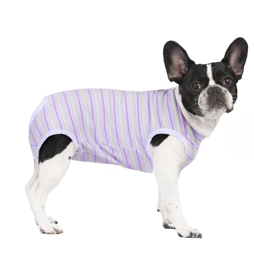 Image of Puppy Striped Recovery Suit for Female Male Dogs Cats,Zip Up Dog Onesie Recovery Shirt Abdominal Wounds,Professional Spay Neuter Dog Pet Bodysuit After Surgery Wear Anti Licking Wounds