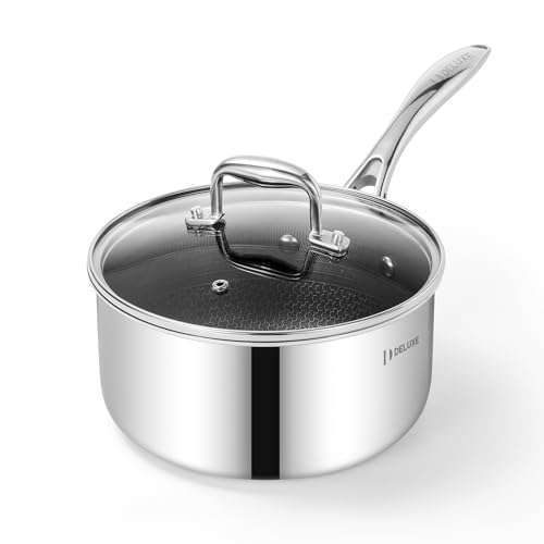 DELUXE Hybrid Ceramic Nonstick 3-Quart Saucepan with Tempered Glass Lid, Stainless Steel Pot with Stay-Cool Handle, Dishwasher Oven Safe, Induction Ready, PFOA Free Compatible with All Cooktops