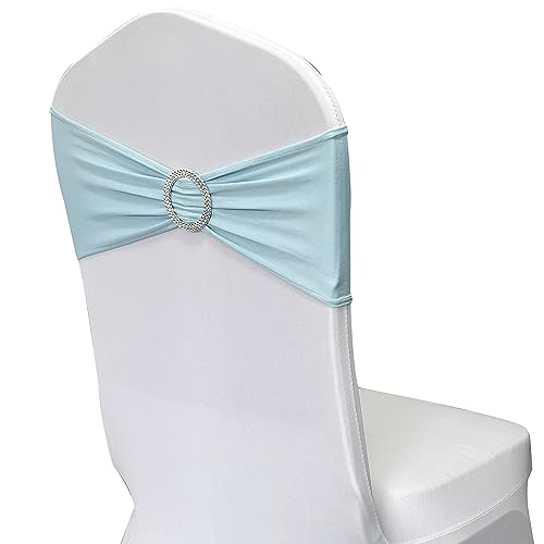 Image of Spandex Chair Sashes Bands, Baby Blue, 50PCS | Stretch Chair Ties Bows, With Buckle Slider, For Wedding Party Banquet Decoration