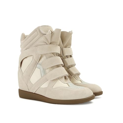 Image of Wedge Sneakers for Women Heels Suede Hook and Loop High Heel Tennis Round Toe Triple Strappy Band Casual Vintage Fashion Dressy Comfy Campus Trendy Retro Sneaker