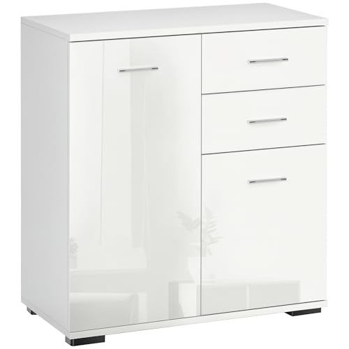 HOMCOM Sideboard, Modern Storage Cabinet with 2 Drawers, 2 Doors and Adjustable Shelf, Kitchen Cabinet for Living Room, Dining Room, High Gloss White