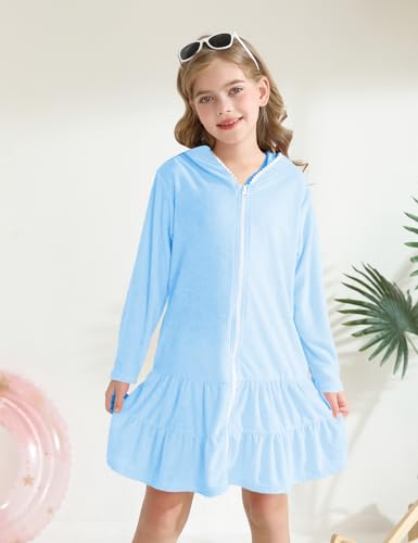 Image of Girls Swim Cover Up Kids Long Sleeve Swimsuit Coverup Terry Beach Pool Clothes with Sunglasses