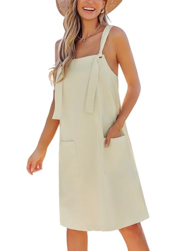 CUPSHE Damen Latzkleider Ärmellos Sommerkleid Quadratischer Ausschnitt Trägerkleid mit Taschen Strand Mini Dress Beige L