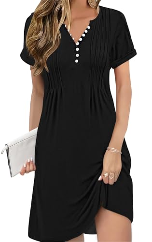 Image of Soesdemo Short Sleeve Dress for Women Bohemian V Neck Button Down Pleated Casual Flower Womens Dresses with Pockets