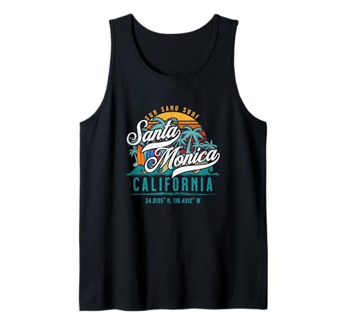 Retro Santa Mónica California Sol Arena Surf Playa Palmeras Camiseta sin Mangas