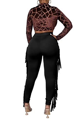 Rimhold Women's Fringe High Waist Solid Bodycon Side Tassel Pants Yoga Sweatpants Bandage Pants4