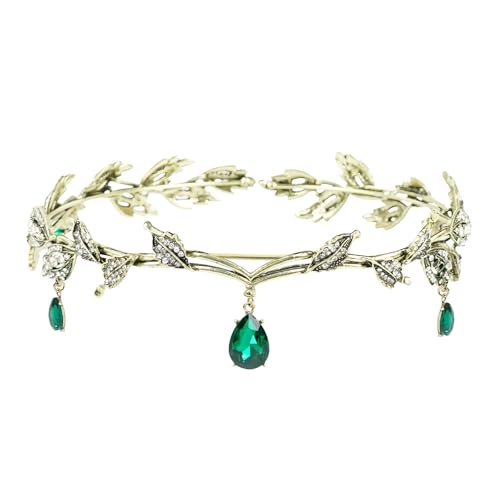 Diyxisk Coiffe Elfique Rétro Couronne Princesse Mariée de Mariage Diademe Femme Mode Vert Cristal Couronne pour le Cosplay Mariages Soirées Animées et...