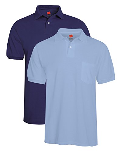 Hanes Men's 2 Pack Short Sleeve Jersey Pocket Polo, Navy/Light Blue, Large
