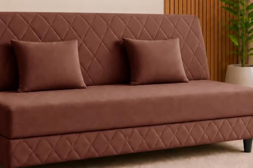 Image of Deco Studio 3 Seater Sofa Bed | Premium Upholstered Velvet Fabric Folding Couch for Living Room, Guest Room & Bedroom | Quilted Backrest with 2 Cushions (Brown)