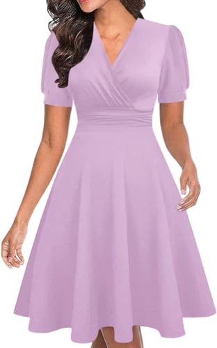 Image of Women's Summer Casual Dress Short Sleeve Wrap V-Neck A-Line Dress Sundress Wedding Guest Cocktail Midi Dresses