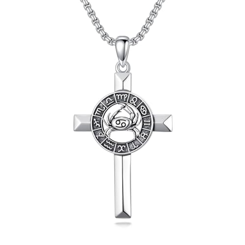 ROMANTICWORK Cancer Cross Zodiac Necklace 12 Constellation Horoscope Astrology Pendant Necklace 925 Sterling Silver Zodiac Sign Jewellery Gifts for Men Women