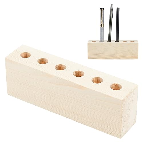 OLYCRAFT 6-Hole Wood Desktop Pen Holder - Natural/Elegant Brown Wooden Pen Organizer - Office & Home - 6.1x1.4x2.1 inches