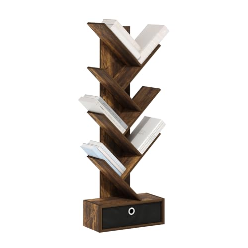 Image of Furinno Tree Book Shelf, 7-Tier Bookshelf, Tree Bookcase with Bin Drawer, 8.4 x 16.9 x 46.2, for Living Room, Bedroom, Home Office, Amber Pine /Black