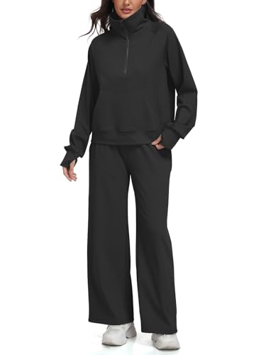 BLEVONH Fleece Sweatsuits Women 2 Piece Outfit Half Zip Sweatshirt Lounge Sets Wide Leg Sweatpants 2025 Tracksuit Black XL — view 2