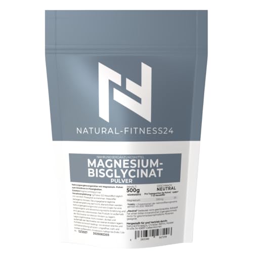 Natural-Fitness24 Magnesium Bisglycinat Pulver 500g – Hochdosiert mit 200mg elementarem Magnesium pro Portion – Ohne Aromen & Süßstoffe