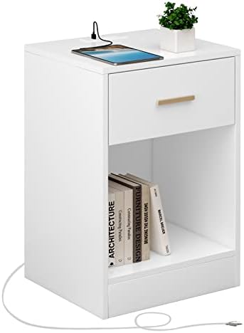 LAPTAIN Nightstand with Charging Station, End Side Table with Storage Drawer and Open Cabinet, Bedside Table for Bedroom, White