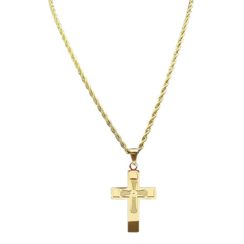 Collier grande croix couleur or d'une finition remarquable et longue chaîne premium