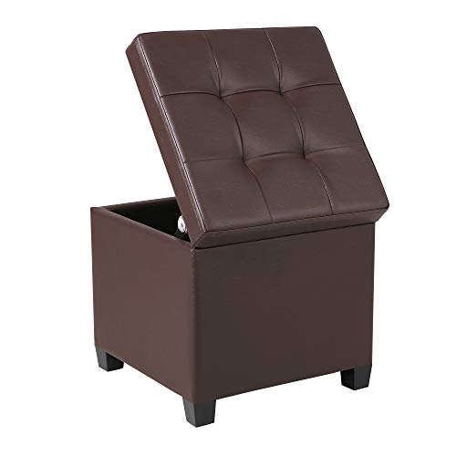 SONGMICS 15 x 15 x 15 Inches Storage Ottoman Cube With Hinged Lid Footrest Stool Coffee Table, Holds Up to 660lb, Faux Leather, Brown