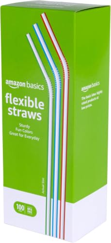 Amazon Basics Disposable Striped Plastic Flex Straws, 7.5" Long, Assorted Colors, 100 Count, Large Pack (Pack of 6)