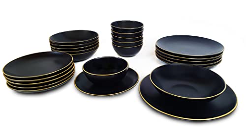 Foto von Helium Geschirr Set 24 -teiliges Essgeschirr im Trendy Design Schüssel- und Tellerset - Tafelservice 6 Personen (Schwarz / Gold), KB00