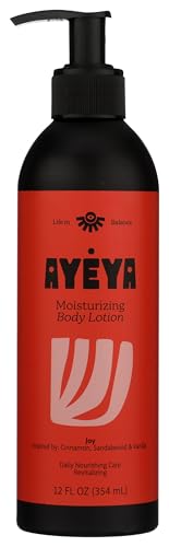 Ayeya Moisturizing Body Lotion – Joy – Cinnamon, Sandalwood & Vanilla Scent – Balancing Daily Lotion with Moringa Oil for Dry or Oily Skin – 12 Fl Oz