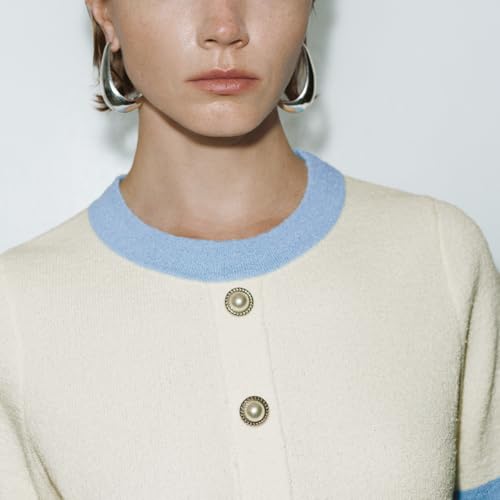 Image of URBAN REVIVO Women's Short Sleeve Sweater Summer Crew Neck Cropped Color Block Tops Casual Knit Shirts with Pockets