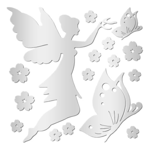 DOKRIN Adesivi da parete,16 adesivi murali a specchio con angelo volante, fata, fiori sparsi, adesivi in ​​acrilico fai da te per la decorazione del soggiorno e del ristorante