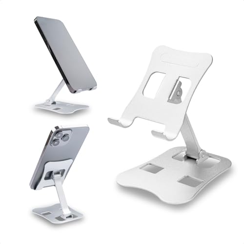 Suporte de Mesa para Celular em Alumínio Premium Resistente com Pedestal Ajustável Dobrável e Retrátil na Vertical Compatível com Tablet e Smartphone (Prata)