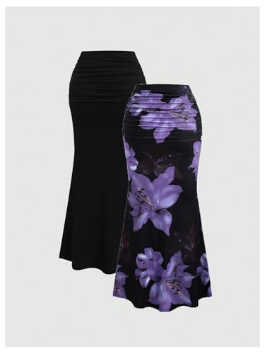 SweatyRocks Women's 2 Pack Fishtail Skirts Floral Print Ruched Ruffle Bodycon Long Skirt2