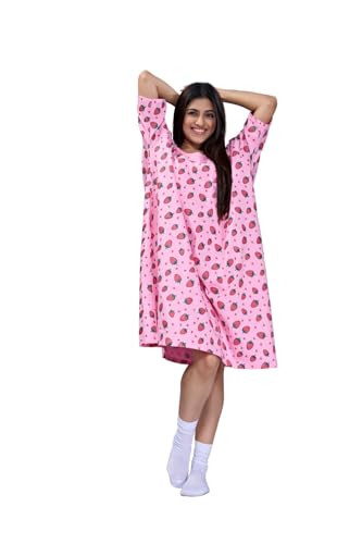 Image of LAMA STORE Women's Printed Oversized T-Shirt Dress, Cotton, 3 /4 Sleeve Length, Casual Loose Fit, Comfort Wear Extra Comfy Oversized Printed Pocket T-Shirt Dress