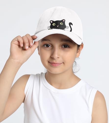 Girls Criss Cross Ponytail Hat Cute Embroidered Black Cat Hats for Girl Adjustable Cotton Baseball Cap for Kids Age 3-143
