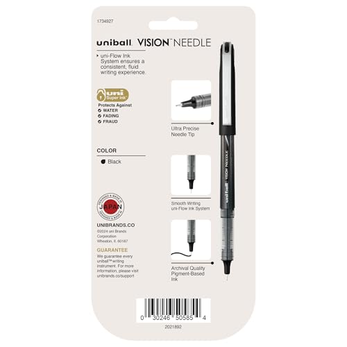 Image of uniball Vision Needle Rollerball Pens, Micro Point (0.5mm), Black, 5 Pack