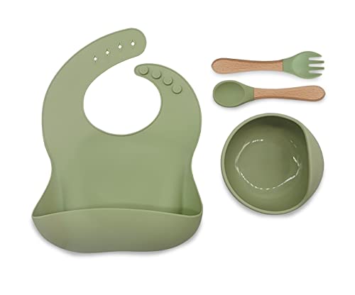 Baby Entwöhnungsset - Silikon Baby Futterset mit Lätzchen, Schüssel, Löffel und Gabel. Für Babys und Kleinkinder - BPA-frei (oliv) Cover